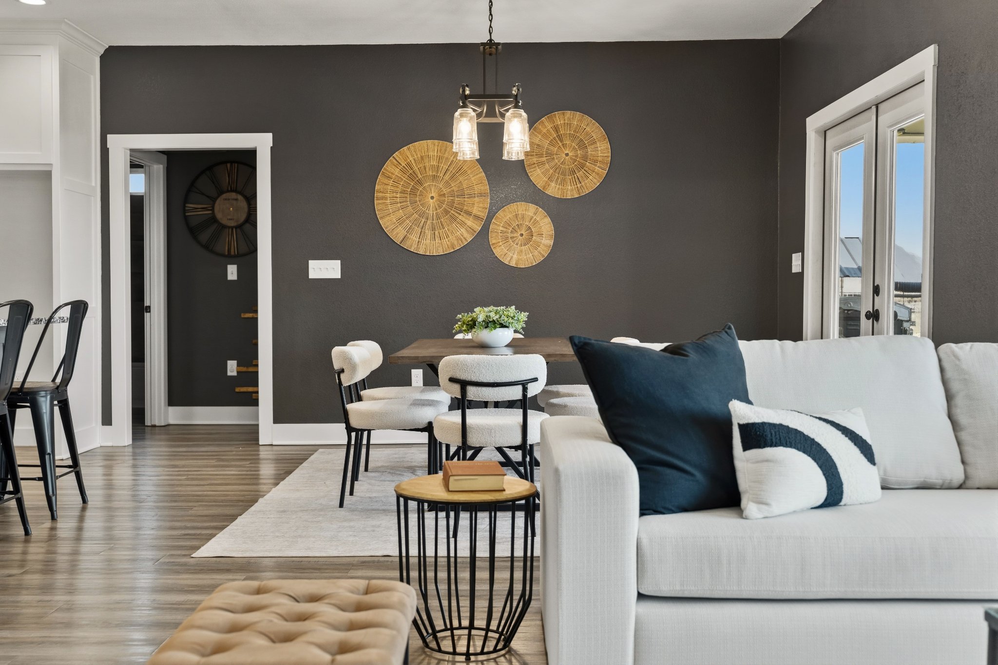 Open living & dining — woven wall art